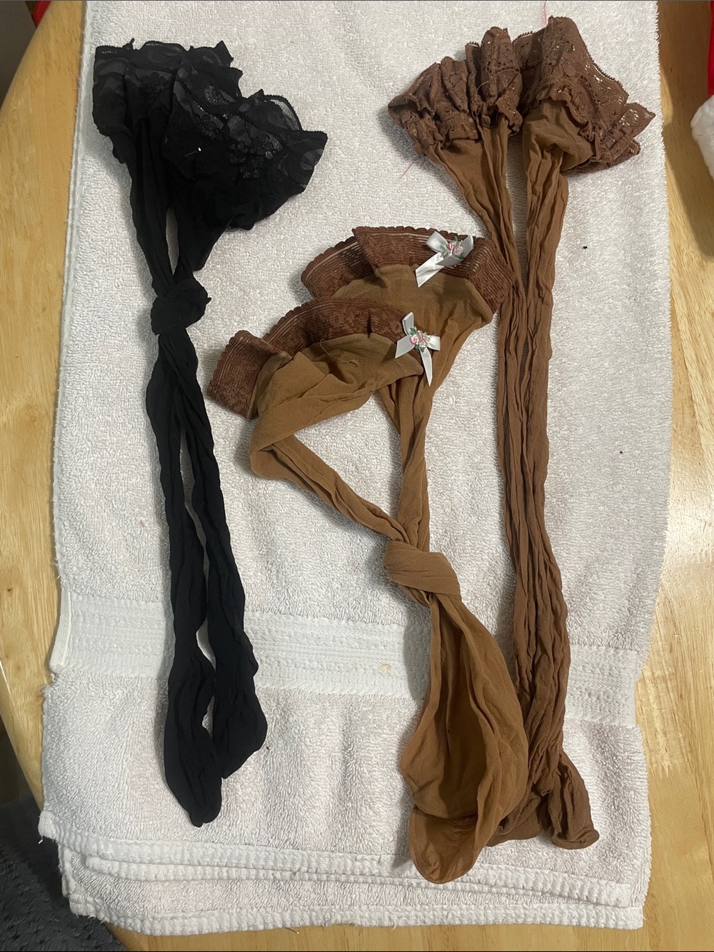 Sheer Lace-Top Thigh High Stockings - Black and Brown Duo